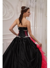 Red and Black Ball Gown Sweetheart Floor-length   Satin and Organza Appliques Quinceanera Dress