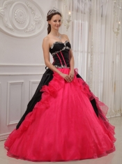 Red and Black Ball Gown Sweetheart Floor-length   Satin and Organza Appliques Quinceanera Dress