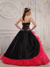 Red and Black Ball Gown Sweetheart Floor-length   Satin and Organza Appliques Quinceanera Dress