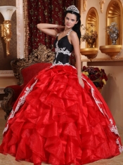 Red and Black Ball Gown V-neck Floor-length Taffeta and Organza Appliques Quinceanera Dress