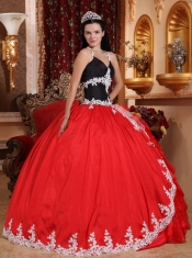 Red and Black Ball Gown V-neck Floor-length Taffeta and Organza Appliques Quinceanera Dress