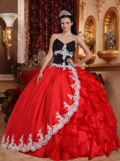 Red and Black Ball Gown V-neck Floor-length Taffeta and Organza Appliques Quinceanera Dress