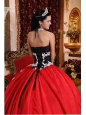Red and Black Ball Gown V-neck Floor-length Taffeta and Organza Appliques Quinceanera Dress