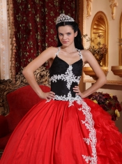Red and Black Ball Gown V-neck Floor-length Taffeta and Organza Appliques Quinceanera Dress