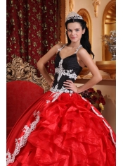 Red and Black Ball Gown V-neck Floor-length Taffeta and Organza Appliques Quinceanera Dress