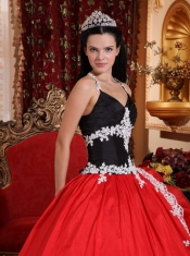 Red and Black Ball Gown V-neck Floor-length Taffeta and Organza Appliques Quinceanera Dress