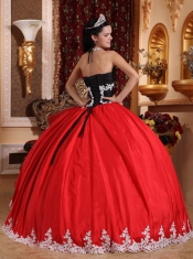 Red and Black Ball Gown V-neck Floor-length Taffeta and Organza Appliques Quinceanera Dress