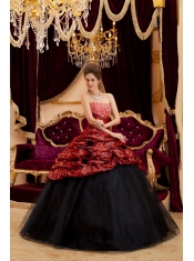 Red and Black Strapless Ball Gown Floor-length Zebra and Tulle Hand Made Flowers Quinceanera Dress