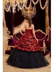 Red and Black Strapless Ball Gown Floor-length Zebra and Tulle Hand Made Flowers  Quinceanera Dress