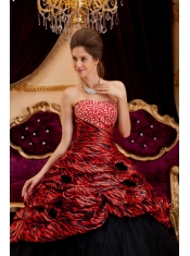 Red and Black Strapless Ball Gown Floor-length Zebra and Tulle Hand Made Flowers  Quinceanera Dress
