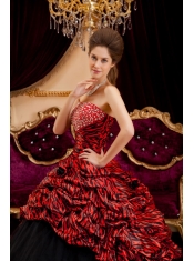 Red and Black Strapless Ball Gown Floor-length Zebra and Tulle Hand Made Flowers  Quinceanera Dress