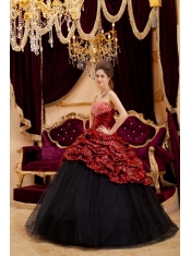 Red and Black Strapless Ball Gown Floor-length Zebra and Tulle Hand Made Flowers  Quinceanera Dress