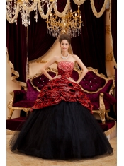 Red and Black Strapless Ball Gown Floor-length Zebra and Tulle Hand Made Flowers  Quinceanera Dress