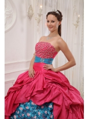 Red and Blue Ball Gown Strapless Floor-length Taffeta Beading Quinceanera Dress