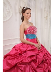 Red and Blue Ball Gown Strapless Floor-length Taffeta Beading Quinceanera Dress