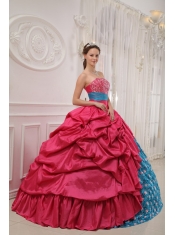 Red and Blue Ball Gown Strapless Floor-length Taffeta Beading Quinceanera Dress