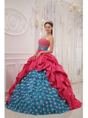 Red and Blue Ball Gown Strapless Floor-length Taffeta Beading Quinceanera Dress