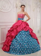 Red and Blue Ball Gown Strapless Floor-length Taffeta Beading Quinceanera Dress