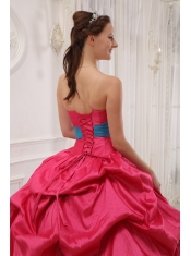 Red and Blue Ball Gown Strapless Floor-length Taffeta Beading Quinceanera Dress