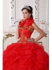 Red and Gold Ball Gown Halter Floor-length Taffeta Beading and Appliques Quinceanera Dress