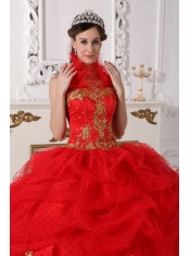 Red and Gold Ball Gown Halter Floor-length Taffeta Beading and Appliques Quinceanera Dress