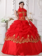 Red and Gold Ball Gown Halter Floor-length Taffeta Beading and Appliques Quinceanera Dress