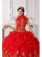 Red and Gold Ball Gown Halter Floor-length Taffeta Beading and Appliques Quinceanera Dress