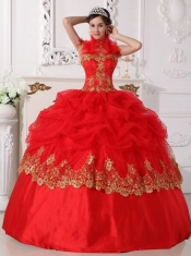 Red and Gold Ball Gown Halter Floor-length Taffeta Beading and Appliques Quinceanera Dress