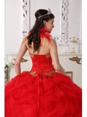 Red and Gold Ball Gown Halter Floor-length Taffeta Beading and Appliques Quinceanera Dress