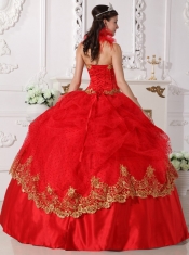 Red and Gold Ball Gown Halter Floor-length Taffeta Beading and Appliques Quinceanera Dress