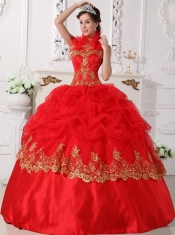 Red and Gold Ball Gown Halter Floor-length Taffeta Beading and Appliques Quinceanera Dress