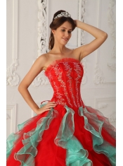 Red and Green Ball Gown Strapless Floor-length Appliques and Beading Quinceanera Dress