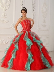 Red and Green Ball Gown Strapless Floor-length Appliques and Beading Quinceanera Dress