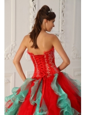 Red and Green Ball Gown Strapless Floor-length Appliques and Beading Quinceanera Dress