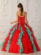 Red and Green Ball Gown Strapless Floor-length Appliques and Beading Quinceanera Dress