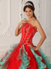 Red and Green Ball Gown Strapless Floor-length Appliques and Beading Quinceanera Dress