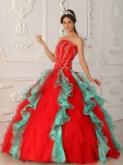 Red and Green Ball Gown Strapless Floor-length Appliques and Beading Quinceanera Dress