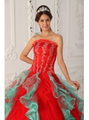 Red and Green Ball Gown Strapless Floor-length Appliques and Beading Quinceanera Dress