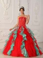 Red and Green Ball Gown Strapless Floor-length Appliques and Beading Quinceanera Dress