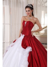 Red and White Ball Gown Sweetheart Organza and Taffeta Beading Quinceanera Dress