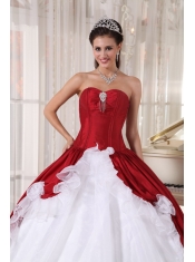 Red and White Ball Gown Sweetheart Organza and Taffeta Beading Quinceanera Dress