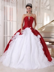 Red and White Ball Gown Sweetheart Organza and Taffeta Beading Quinceanera Dress