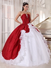 Red and White Ball Gown Sweetheart Organza and Taffeta Beading Quinceanera Dress