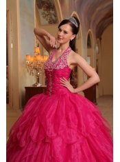 Red Ball Gown Halter Floor-length Organza Embroidery Quinceanera Dress