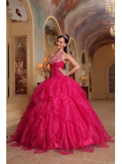 Red Ball Gown Halter Floor-length Organza Embroidery Quinceanera Dress