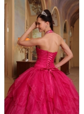 Red Ball Gown Halter Floor-length Organza Embroidery Quinceanera Dress