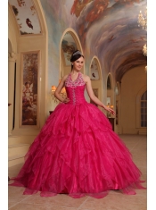 Red Ball Gown Halter Floor-length Organza Embroidery Quinceanera Dress