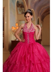 Red Ball Gown Halter Floor-length Organza Embroidery Quinceanera Dress