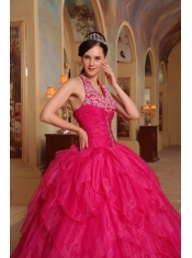 Red Ball Gown Halter Floor-length Organza Embroidery Quinceanera Dress