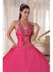 Red Ball Gown Halter Floor-length Taffeta Appliques Quinceanera Dress